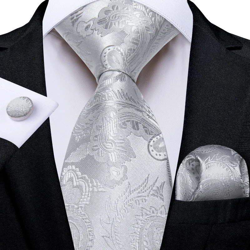 Unique men's tie with polka dots-DiBanGu Silk Necktie Light Grey Paisley Mens Dress Tie Pocket Square Cufflinks Set