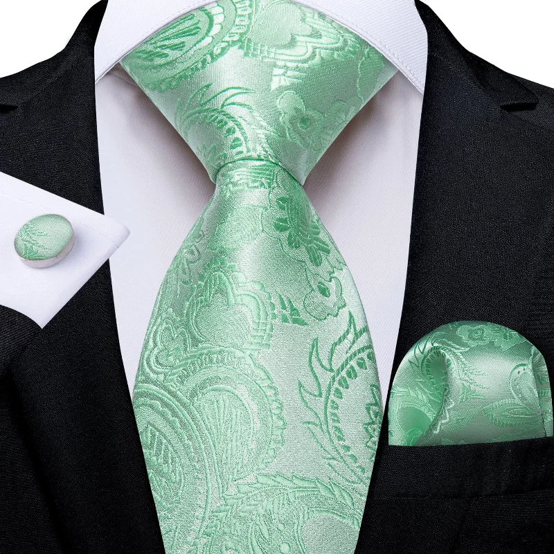 Men's tie for outdoor parties-DiBanGu Silk Necktie Mint Green Floral Mens Dress Tie Pocket Square Cufflinks Set