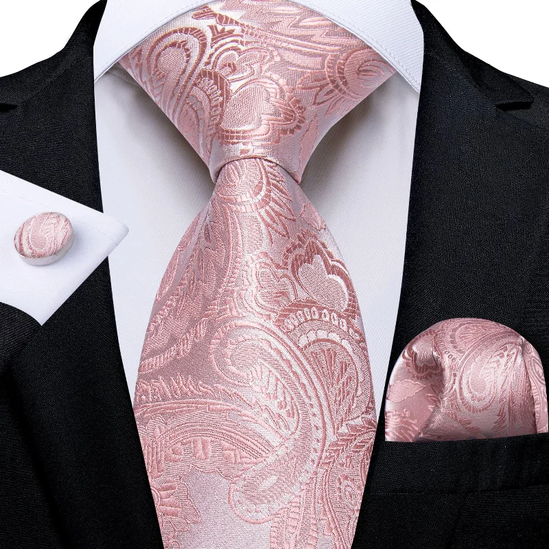 Men's tie with thick stripes-DiBanGu Silk Necktie Rose Pink Paisley Mens Dress Tie Pocket Square Cufflinks Set