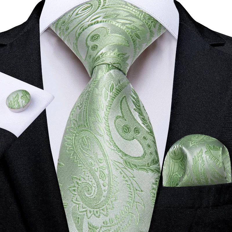 Men's tie with a contrasting edge-DiBanGu Silk Necktie Sage Green Paisley Mens Dress Tie Pocket Square Cufflinks Set