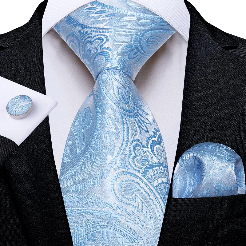 Men's tie with luxury fabrics-DiBanGu Silk Necktie Sky Blue Paisley Mens Dress Tie Pocket Square Cufflinks Set