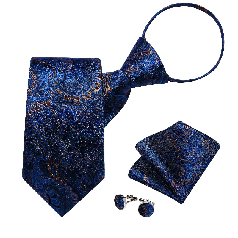 Unique men's tie with animal print-DiBanGu Silk Tie Azure Blue Paisley Lazy Easy-pull Mens Dress Tie Hanky Cufflinks Set