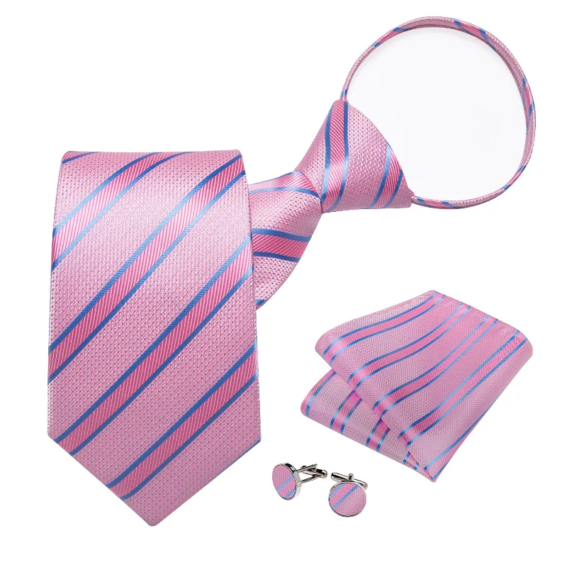 Designer men's tie for upscale meetings-DiBanGu Silk Tie Baby Pink Striped Easy-pull Lazy Mens Tie Handkerchief Cufflinks Set