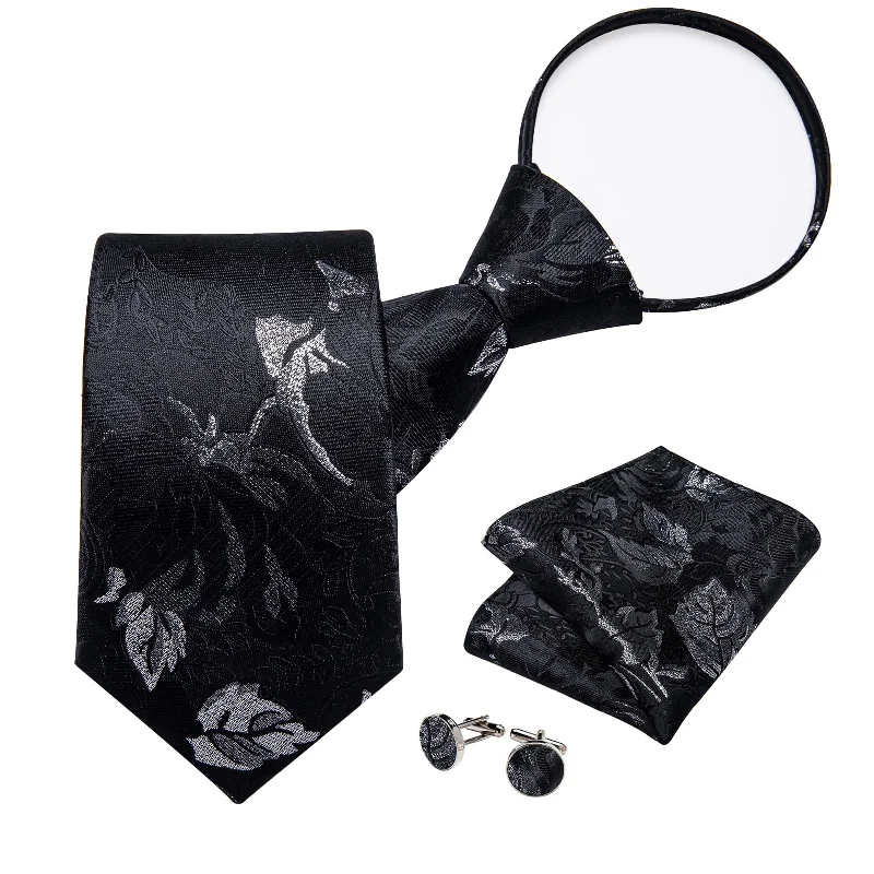 Men's tie for formal office attire-DiBanGu Silk Tie Black Silver Floral Lazy Easy-pull Mens Dress Tie Hanky Cufflinks Set