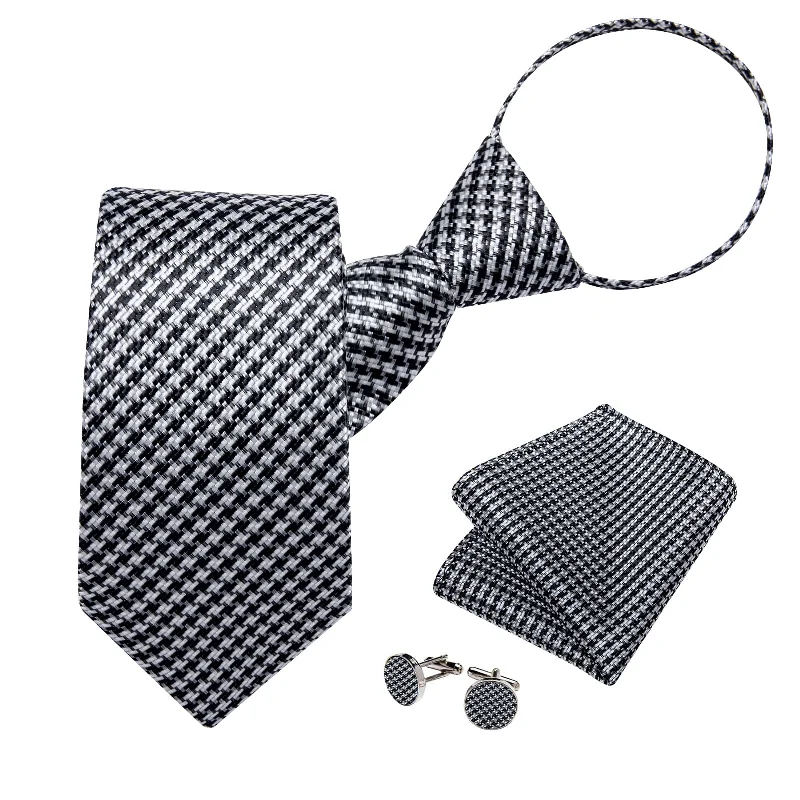 Men's tie with a luxurious smooth feel-DiBanGu Silk Tie Black White Houndstooth Plaid Lazy Easy-pull Mens Dress Tie Set