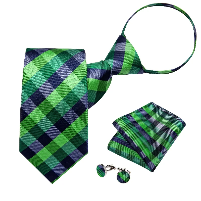 Best men's tie for a black tie dinner-DiBanGu Silk Tie Blue Green Plaid Easy-pull Lazy Mens Tie Pocket Square Cufflinks Set