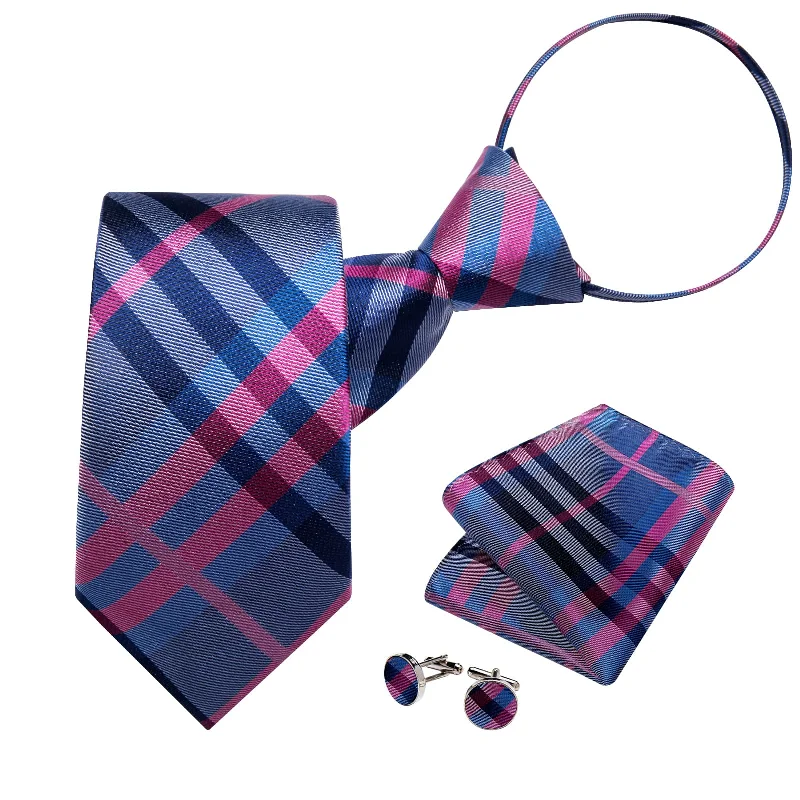 Elegant men's tie with vintage design-DiBanGu Silk Tie Blue Pink Irregular Striped Easy-pull Lazy Mens Tie Handkerchief Cufflinks Set