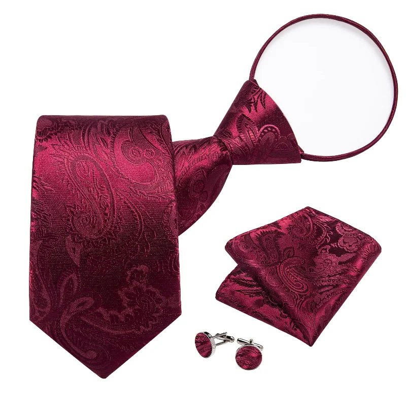 Men's tie for summer weddings-DiBanGu Silk Tie Burgundy Red Paisley Lazy Easy-pull Mens Dress Tie Hanky Cufflinks Set