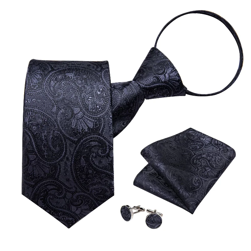 Best men's tie for holiday season events-DiBanGu Silk Tie Coal Black Paisley Lazy Easy-pull Mens Dress Tie Set