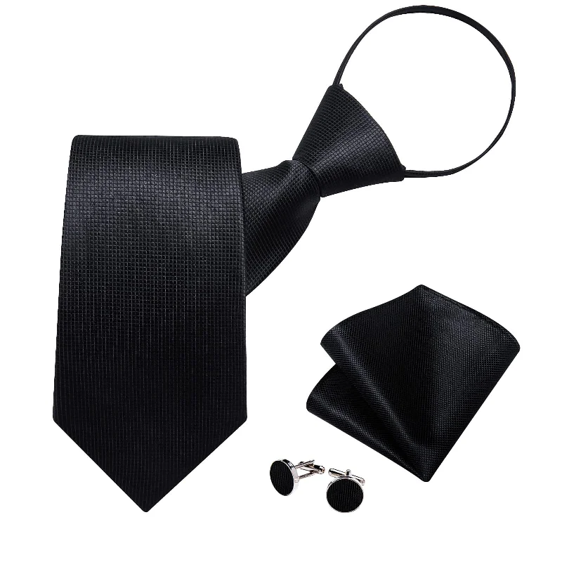 Men's silk tie for fashion-forward looks-DiBanGu Silk Tie Coal Black Plaid Easy-pull Lazy Mens Tie Pocket Square Cufflinks Set