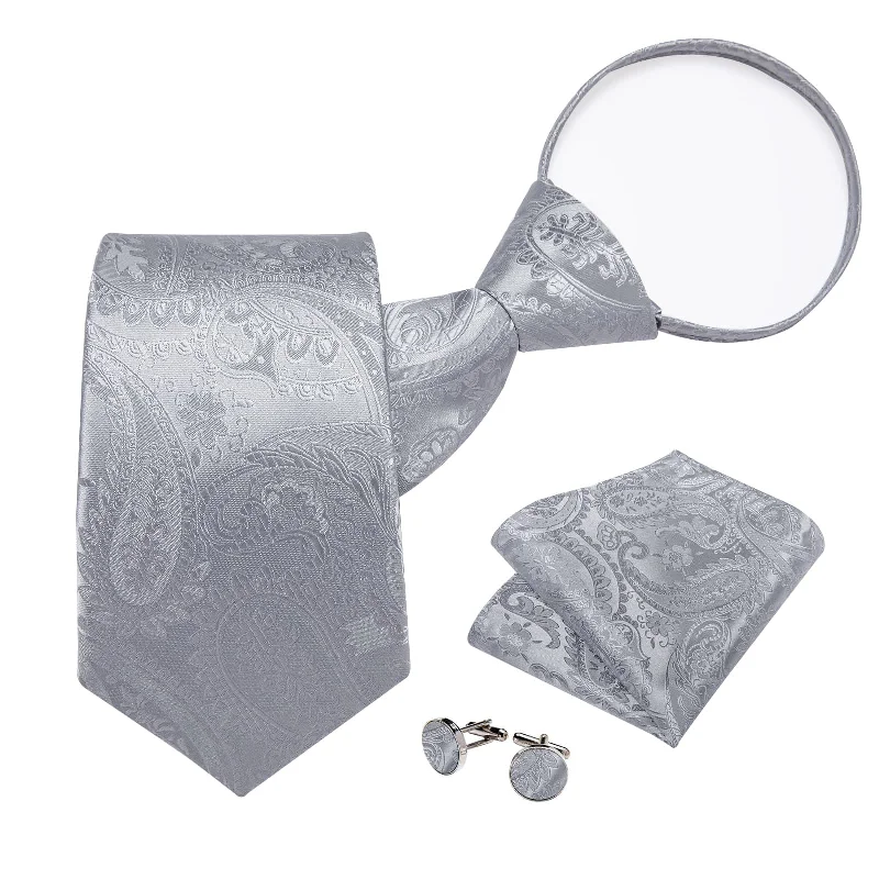 Men's slim tie for wedding attire-DiBanGu Silk Tie Coin Grey Paisley Lazy Easy-pull Mens Dress Tie Hanky Cufflinks Set