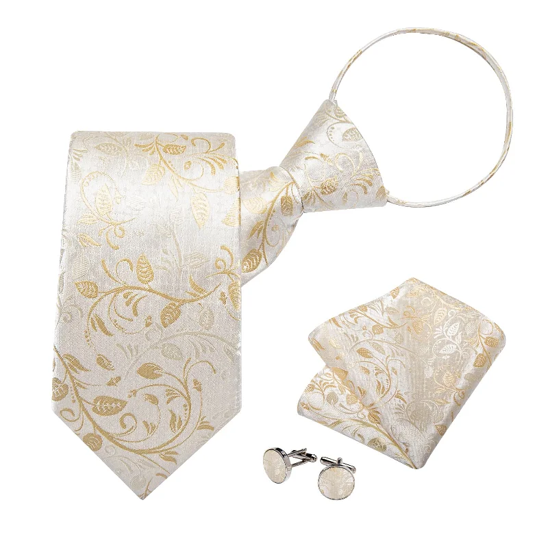 Men's tie with modern square design-DiBanGu Silk Tie Cream White Floral Lazy Easy-pull Mens Dress Tie Set Fashion