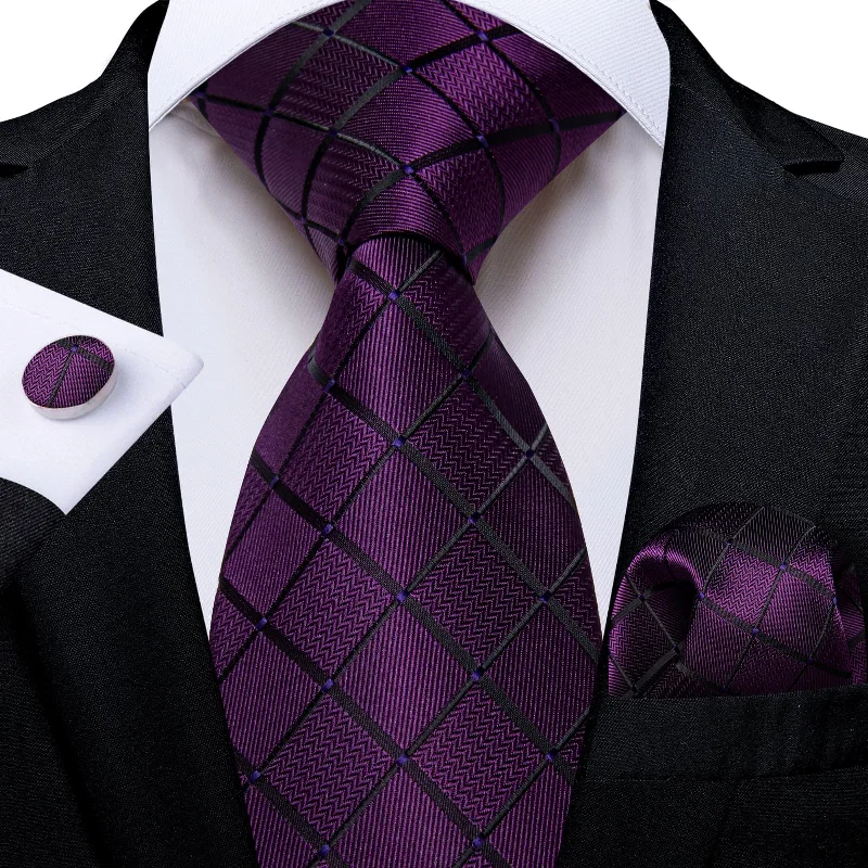 Unique men's tie with animal print-DiBanGu Silk Tie Dark Purple Plaid Mens Tuxedo Work Dresses Tie Pocket Square Cufflinks Set