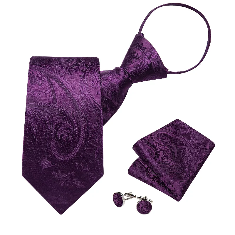 Best men's tie for gala events-DiBanGu Silk Tie Deep Purple Paisley Lazy Easy-pull Mens Dress Tie Hanky Cufflinks Set