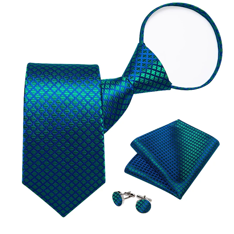 Luxury men's tie with fine fabric-DiBanGu Silk Tie Emerald Green Blue Plaid Lazy Easy-pull Mens Dress Tie Set