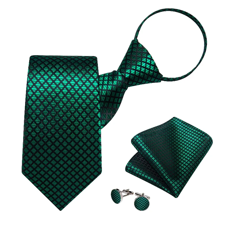 Men's tie for formal office wear-DiBanGu Silk Tie Emerald Green Plaid Lazy Easy-pull Mens Dress Tie Set