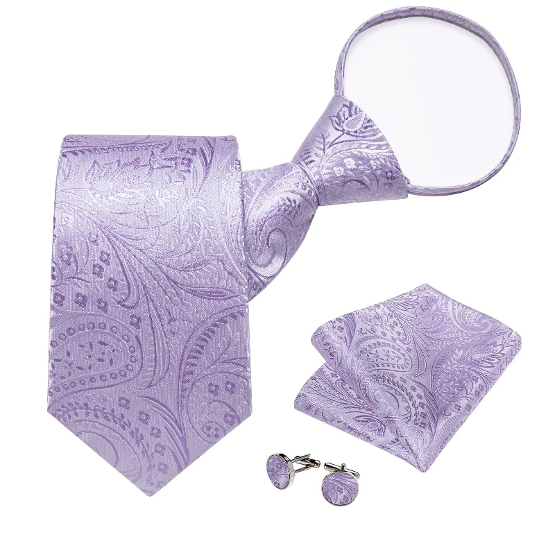 Men's tie for a cocktail party-DiBanGu Silk Tie Lavender Purple Paisley Lazy Easy-pull Mens Dress Tie Hanky Cufflinks Set