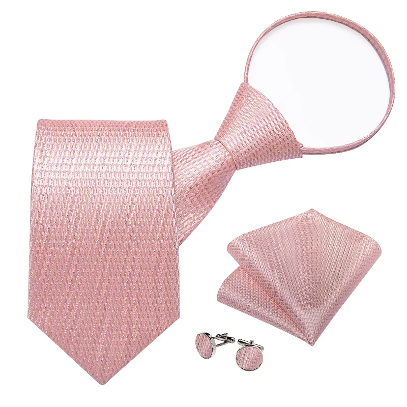 Classic men's tie for upscale dinner parties-DiBanGu Silk Tie Lemonade Pink Solid Lazy Easy-pull Mens Dress Tie Hanky Cufflinks Set