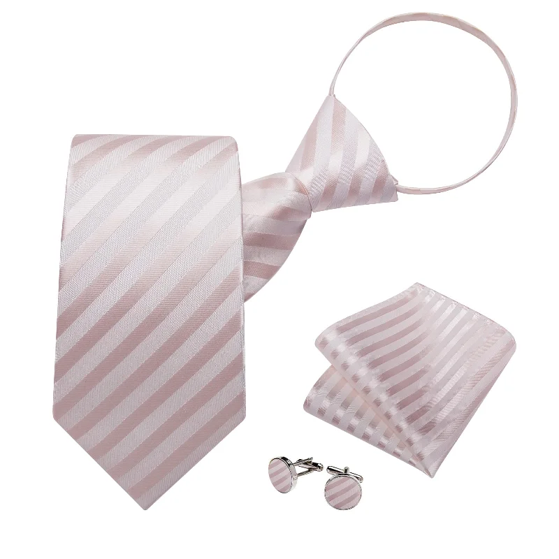 Men's tie with modern color schemes-DiBanGu Silk Tie Lemonade Pink Striped Lazy Easy-pull Mens Dress Tie Hanky Cufflinks Set