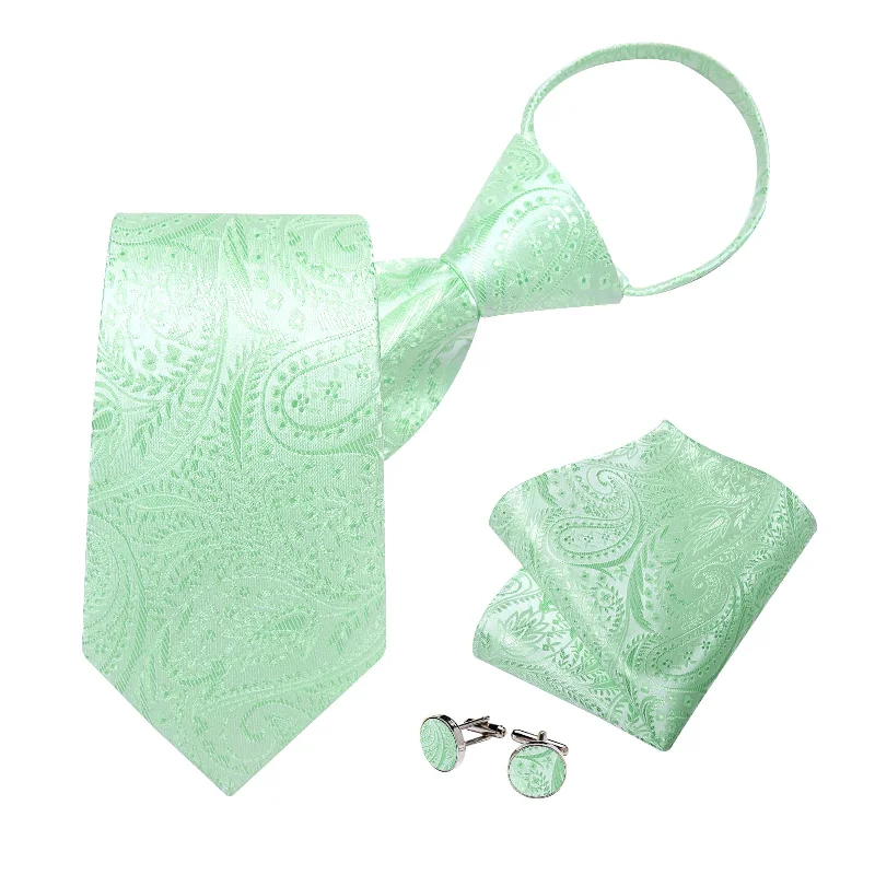 Stylish men's tie with modern touch-DiBanGu Silk Tie Mint Green Paisley Lazy Easy-pull Mens Dress Tie Hanky Cufflinks Set