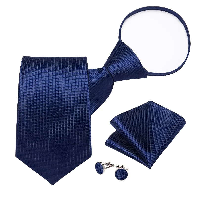 Elegant men's tie with polka dot design-DiBanGu Silk Tie Navy Blue Plaid Easy-pull Lazy Mens Tie Pocket Square Cufflinks Set