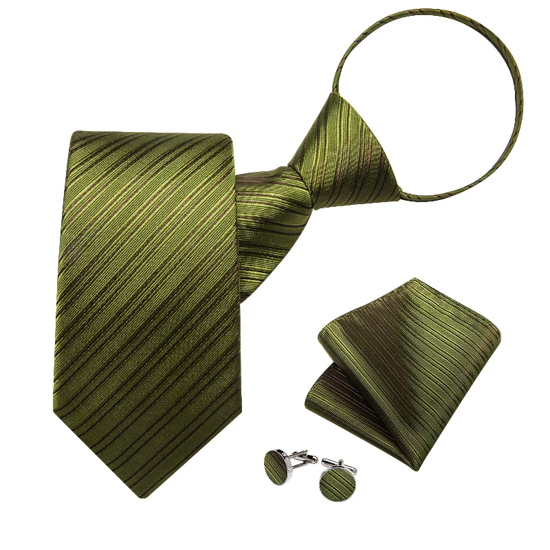 Designer men's tie with elegant design-DiBanGu Silk Tie Olive Green Striped Lazy Easy-pull Mens Dress Tie Hanky Cufflinks Set