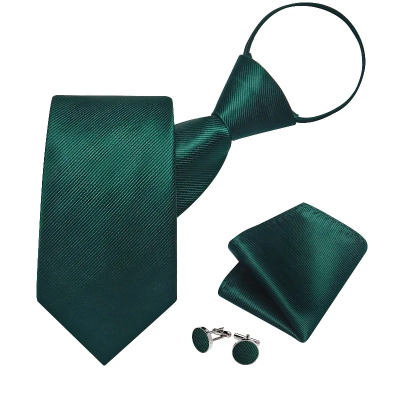 Men's tie with checkered pattern for formal wear-DiBanGu Silk Tie Pine Green Striped Lazy Easy-pull Mens Dress Tie Set