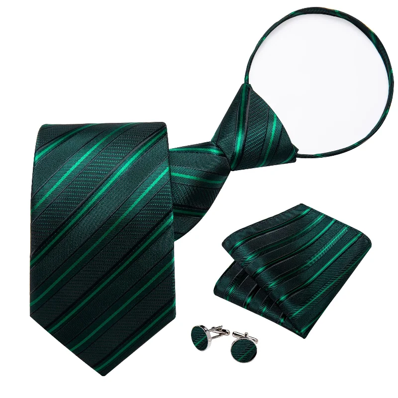 Men's tie with intricate embroidered design-DiBanGu Silk Tie Sapphire Pine Green Striped Lazy Easy-pull Mens Dress Tie Hanky Cufflinks Set