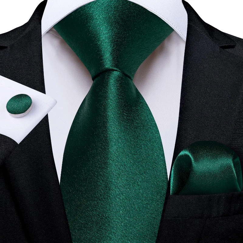 Classic silk tie for men-DiBanGu Silk Tie Shining Deep Green Solid Mens Formal Work Dresses Tie Handkerchief Cufflinks Set