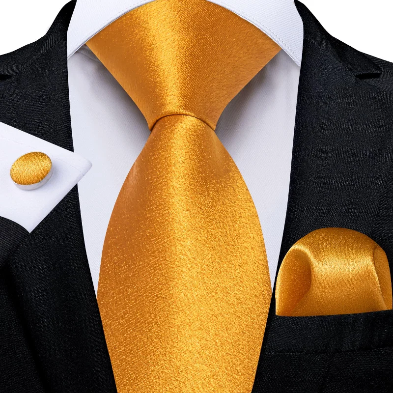 Men's tie for formal office attire-DiBanGu Silk Tie Shining Gold Yellow Solid Mens Tuxedo Work Dresses Tie Pocket Square Cufflinks Set