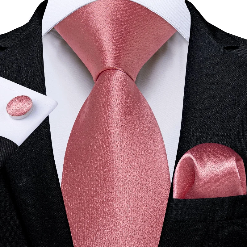 Men's tie with trendy colors for office wear-DiBanGu Silk Tie Shining Rouge Pink Solid Mens Tuxedo Work Dresses Tie Pocket Square Cufflinks Set