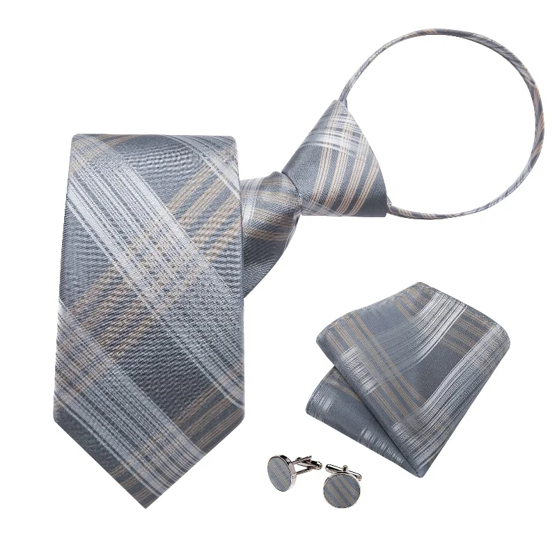 Men's tie with trendy colors for office wear-DiBanGu Silk Tie Silver White Plaid Lazy Easy-pull Mens Dress Tie Hanky Cufflinks Set