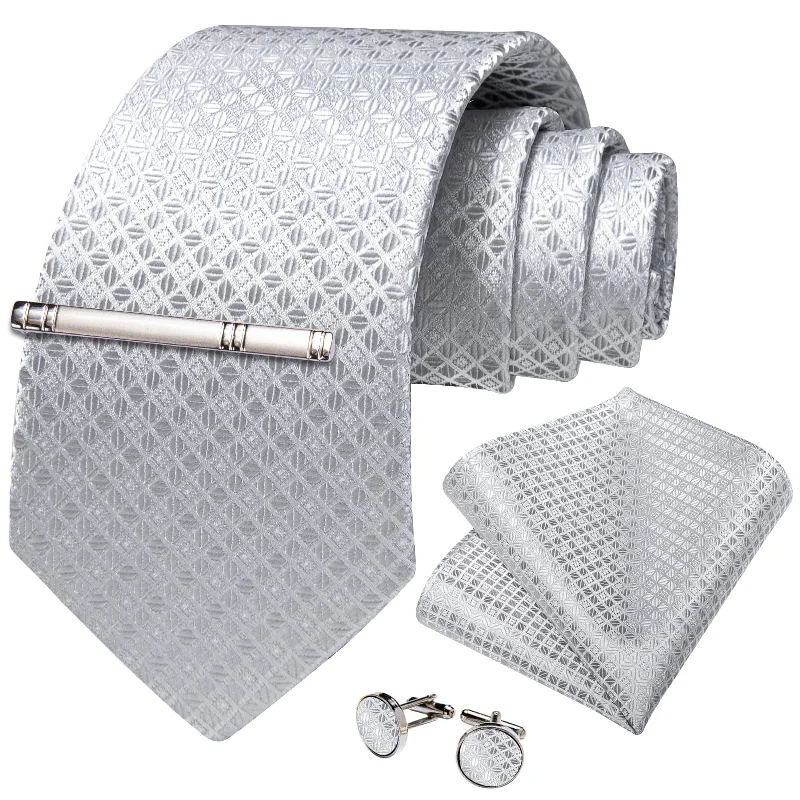 Men's tie with modern square design-DiBanGu Suit Tie Cloud Grey Plaid Mens Dress Tie Set with Tie Clip