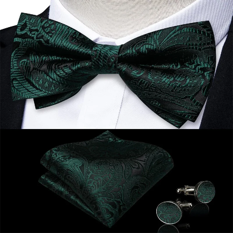 Men's tie with subtle paisley print-DiBanGu Tuxedo Bow Tie Dark Green Floral Silk Mens Pre-Tied Bowtie Pocket Square Cufflinks Set