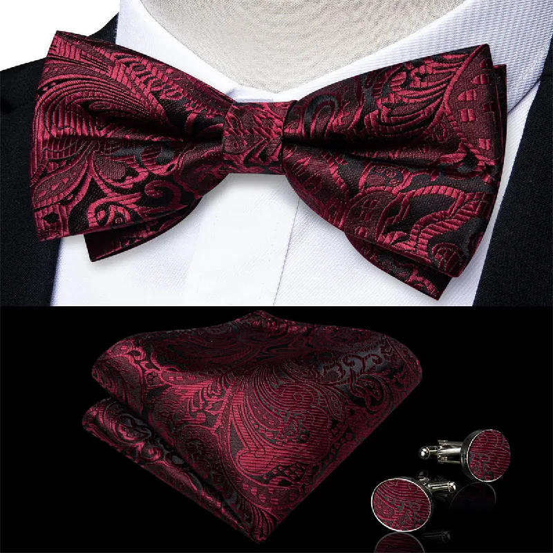 Men's striped silk tie-DiBanGu Tuxedo Bow Tie Dark Scarlet Red Floral Silk Mens Pre-Tied Bowtie Pocket Square Cufflinks Set