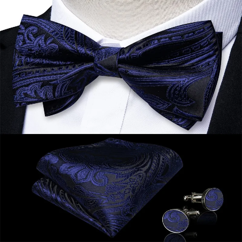 Best tie for business professionals-DiBanGu Tuxedo Bow Tie Navy Blue Floral Silk Mens Pre-Tied Bowtie Pocket Square Cufflinks Set