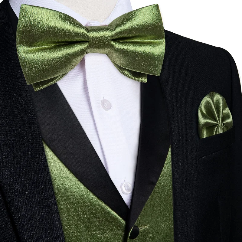 Stylish silk tie for dinner parties-DiBanGu Tuxedo Vest Asparagus Green Solid Silk Mens Vest and Bow Tie Set for Work