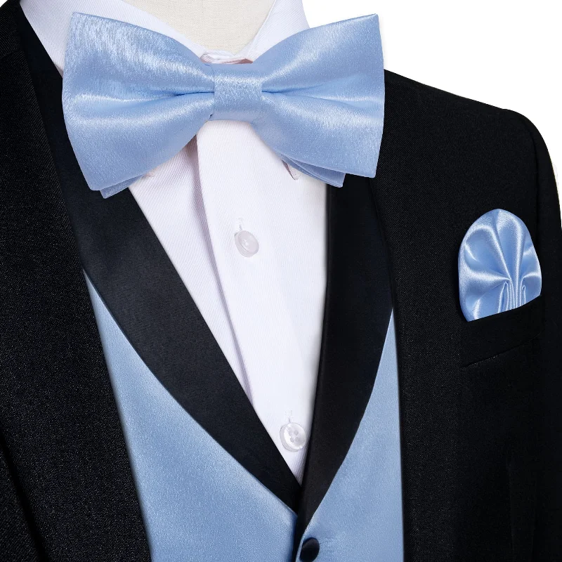 Best men's tie for family celebrations-DiBanGu Tuxedo Vest Carolina Blue Solid Silk Mens Button Up Dress Vest and Bow Tie Set