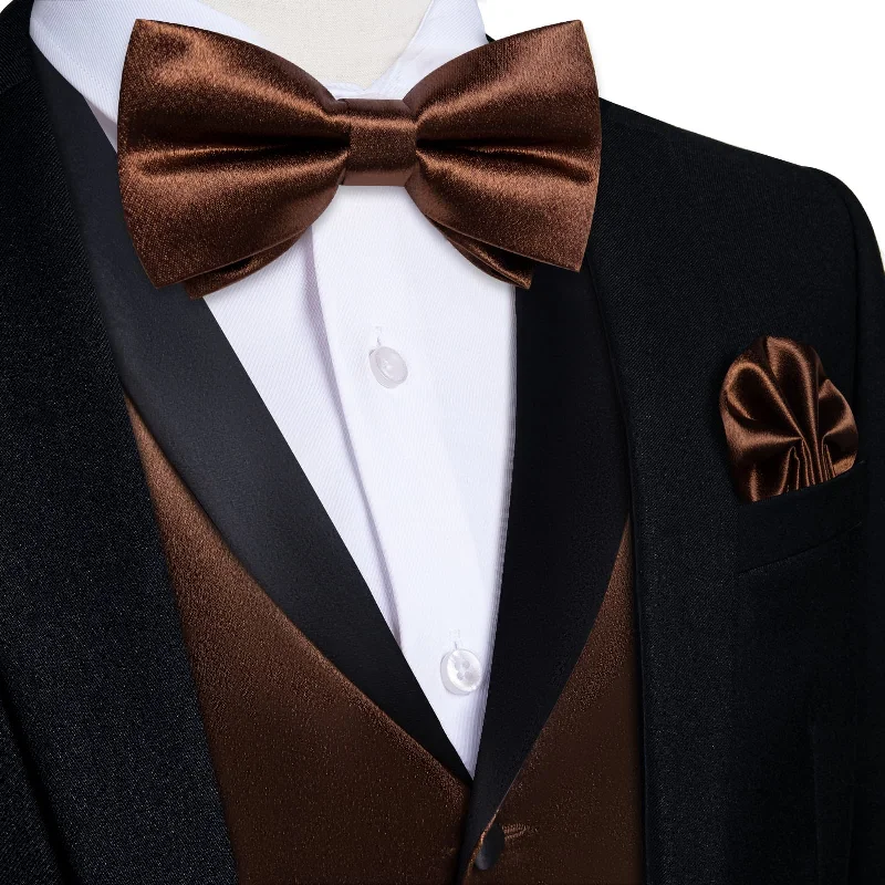 Men's tie with intricate jacquard design-DiBanGu Tuxedo Vest Deep Brown Solid Silk Mens Button Business Vest and Bow Tie Set