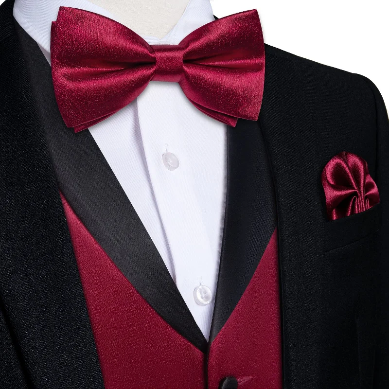 Classic black silk tie for formal events-DiBanGu Tuxedo Vest Deep Burgundy Solid Silk Mens Button Dress Wedding Vest and Bow Tie Set