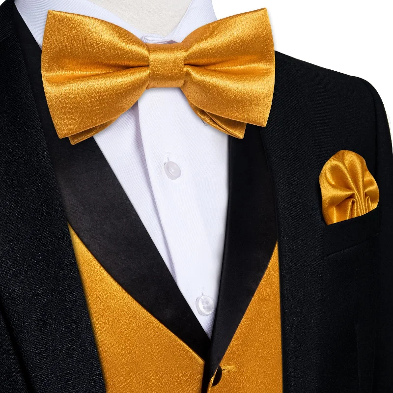 Men's navy blue tie-DiBanGu Tuxedo Vest Gamboge Yellow Solid Silk Mens Dress Vest and Bow Tie Set