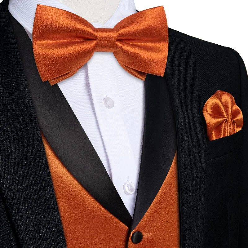 Best men's tie for a black tie dinner-DiBanGu Tuxedo Vest Hot Orange Solid Silk Mens Button Dress Wedding Vest and Bow Tie Set