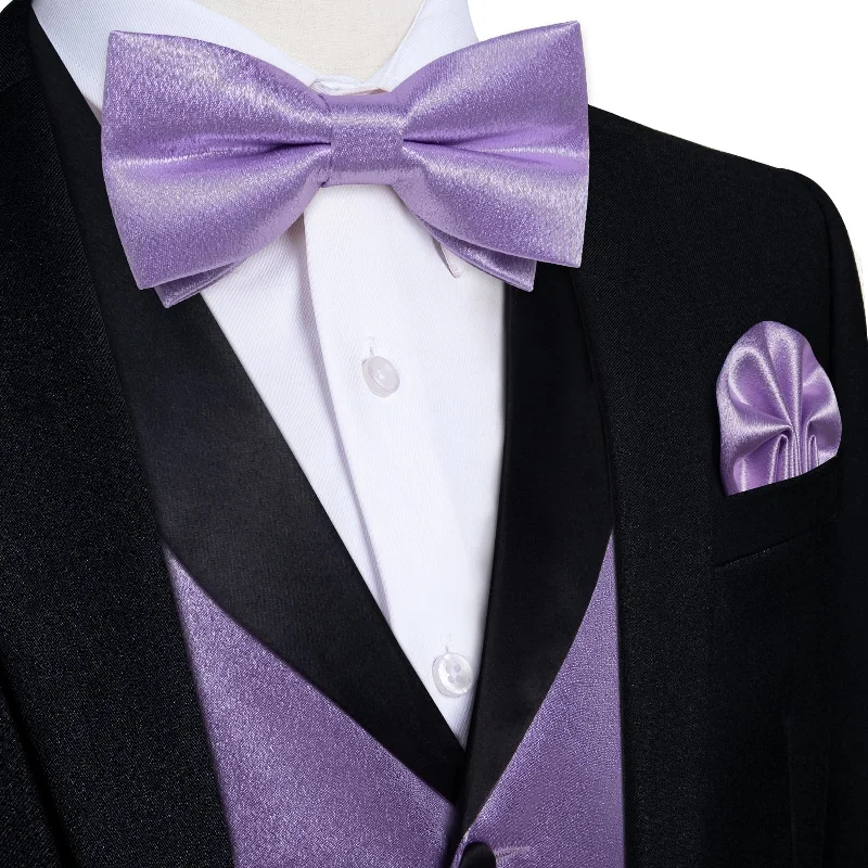 Stylish silk tie for office professionals-DiBanGu Tuxedo Vest Lavender Purple Solid Silk Mens Dress Button Vest and Bow Tie Set