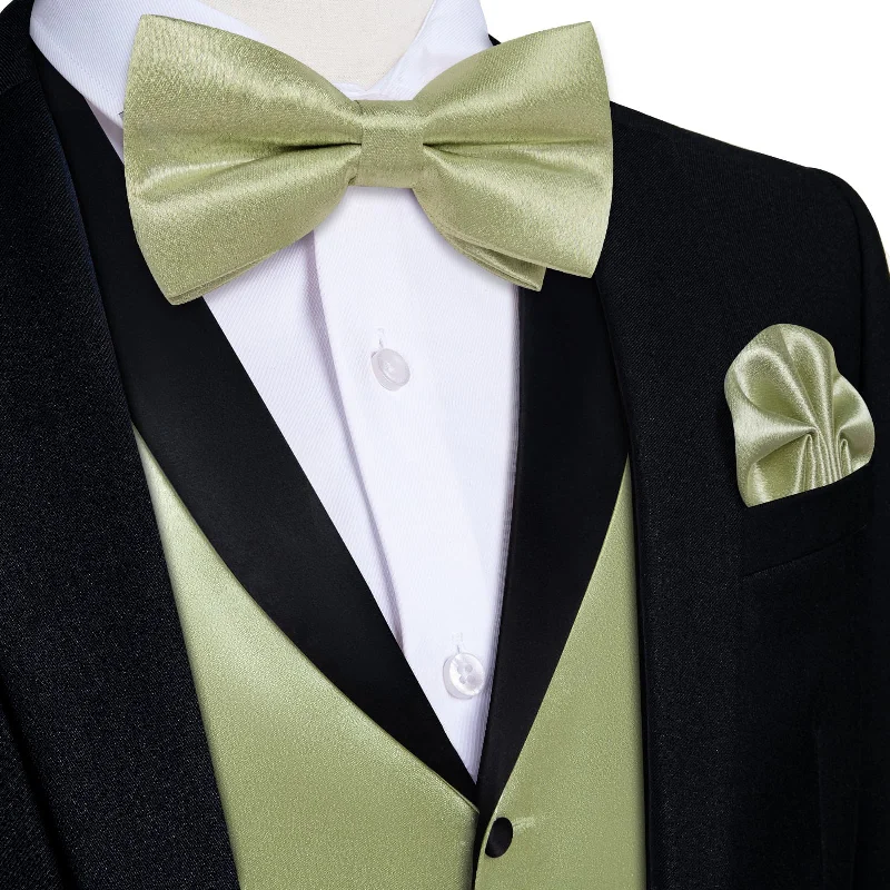 Trendy tie for young professionals-DiBanGu Tuxedo Vest Olive Green Solid Silk Mens Button Vest and Bow Tie Set