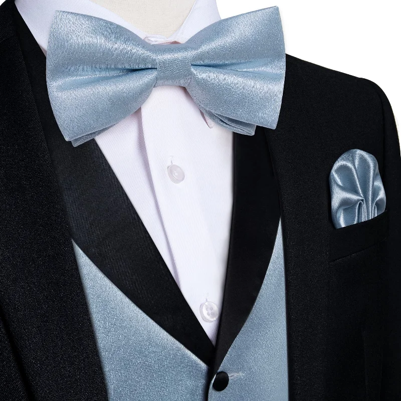 Men's tie with classic solid design-DiBanGu Tuxedo Vest Pastel Blue Solid Silk Mens Button Up Dress Vest and Bow Tie Set