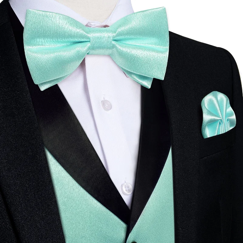 Designer men's tie for upscale meetings-DiBanGu Tuxedo Vest Pearl Aqua Solid Silk Mens Button Dress Casual Vest and Bow Tie Set