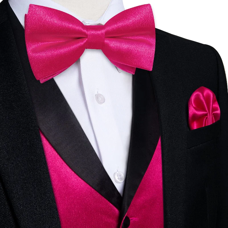 Men's tie for high-end business events-DiBanGu Tuxedo Vest Raspberry Pink Solid Silk Mens Work Dress Button Vest and Bow Tie Set