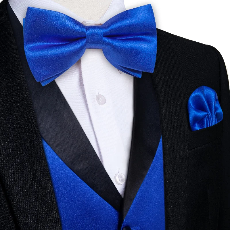 Men's tie with modern diagonal stripes-DiBanGu Tuxedo Vest Royal Azure Blue Solid Silk Mens Button Up Vest and Bow Tie Set