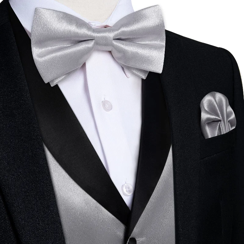 Men's tie with soft wool fabric-DiBanGu Tuxedo Vest Smoke Gray Solid Silk Mens Button Vest and Bow Tie Set