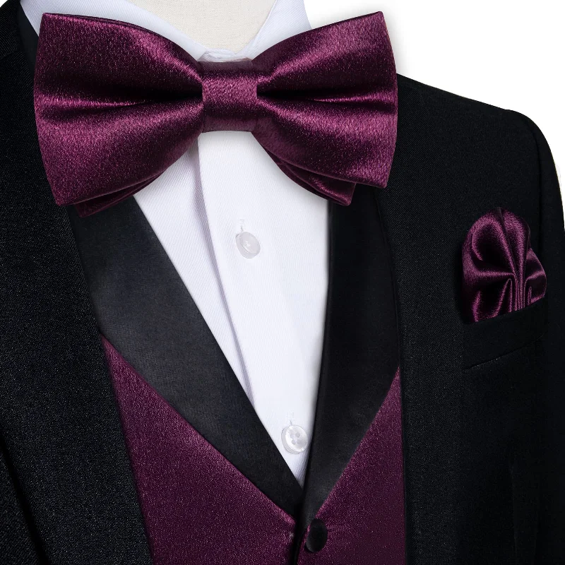 Best silk tie for spring and summer events-DiBanGu Tuxedo Vest Tyrian Purple Solid Silk Mens Button Up Vest and Bow Tie Set